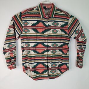 Vtg 80s Woolrich Flannel Shirt Aztec Western Button Up Wms L 100% Cotton USA